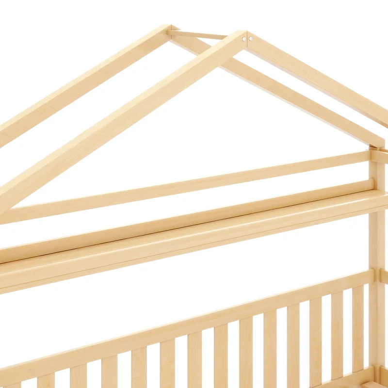 Lit enfant cabane simple en bois massif naturel avec tiroirs et sommier 90x200cm MERIDIANRIFT