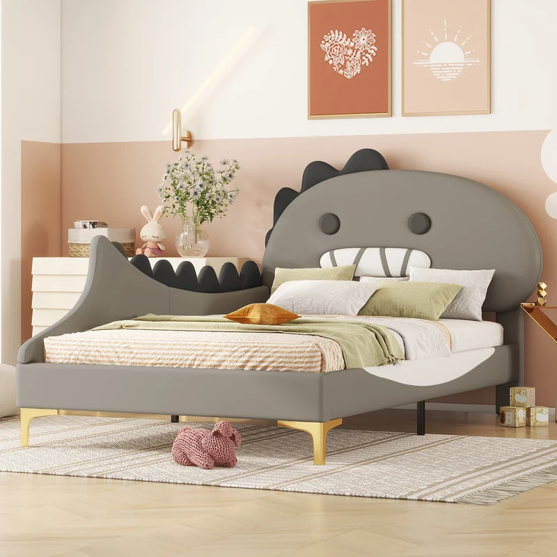 Lit enfant simple dinosaure PU gris 90x200cm INFINITEXYTE