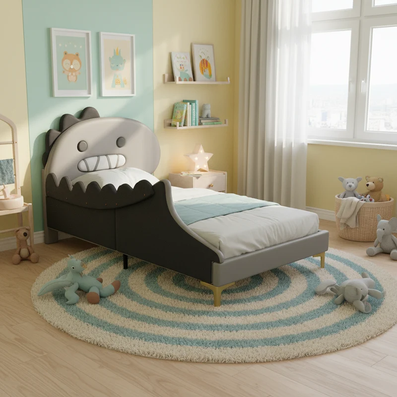 Lit enfant simple dinosaure PU gris 90x200cm INFINITEXYTE