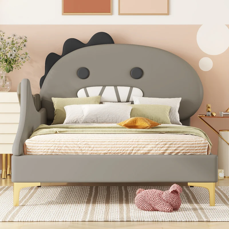 Lit enfant simple dinosaure PU gris 90x200cm INFINITEXYTE