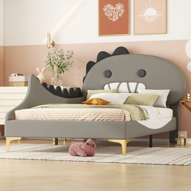 Lit enfant simple dinosaure PU gris 90x200cm INFINITEXYTE