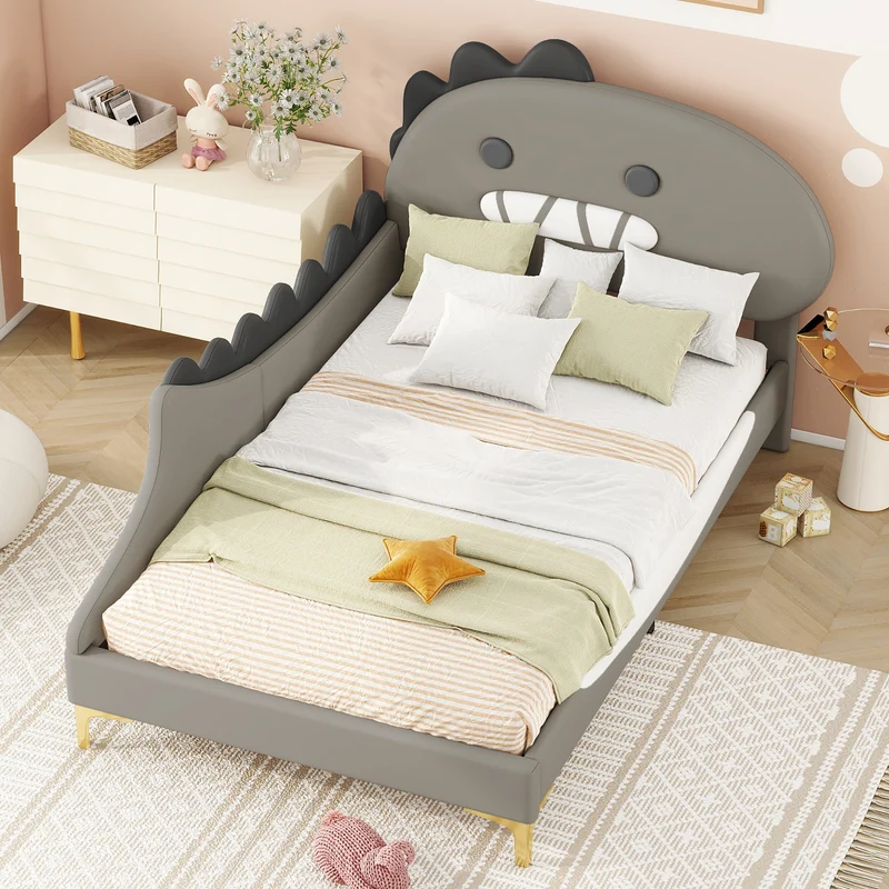 Lit enfant simple dinosaure PU gris 90x200cm INFINITEXYTE
