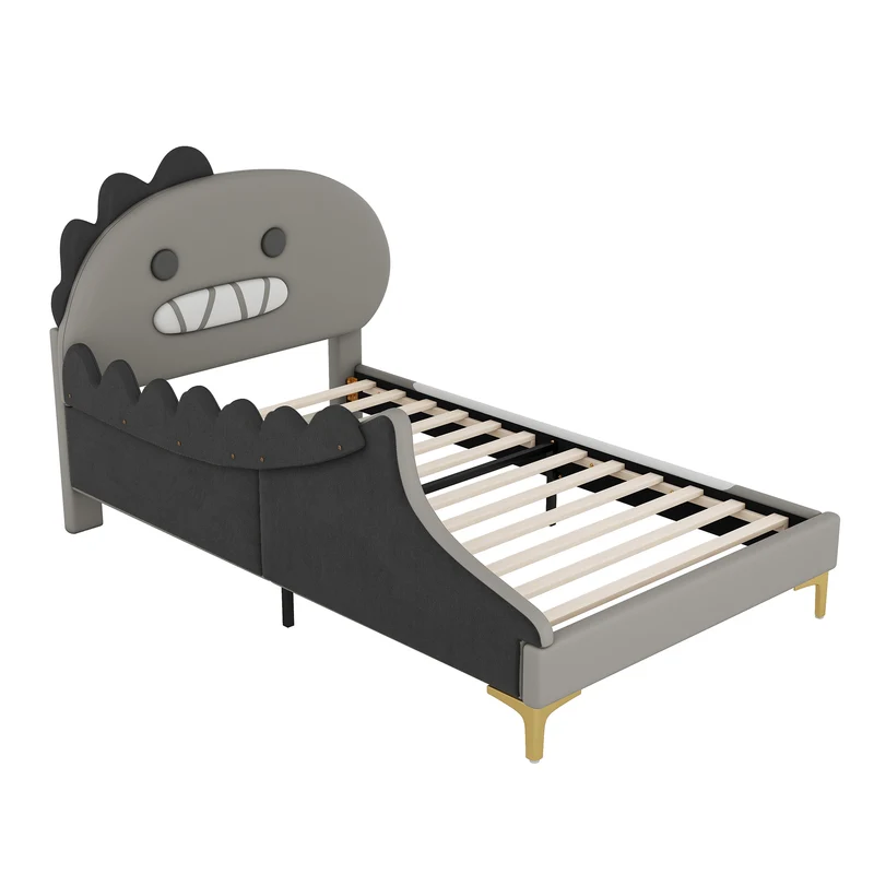 Lit enfant simple dinosaure PU gris 90x200cm INFINITEXYTE