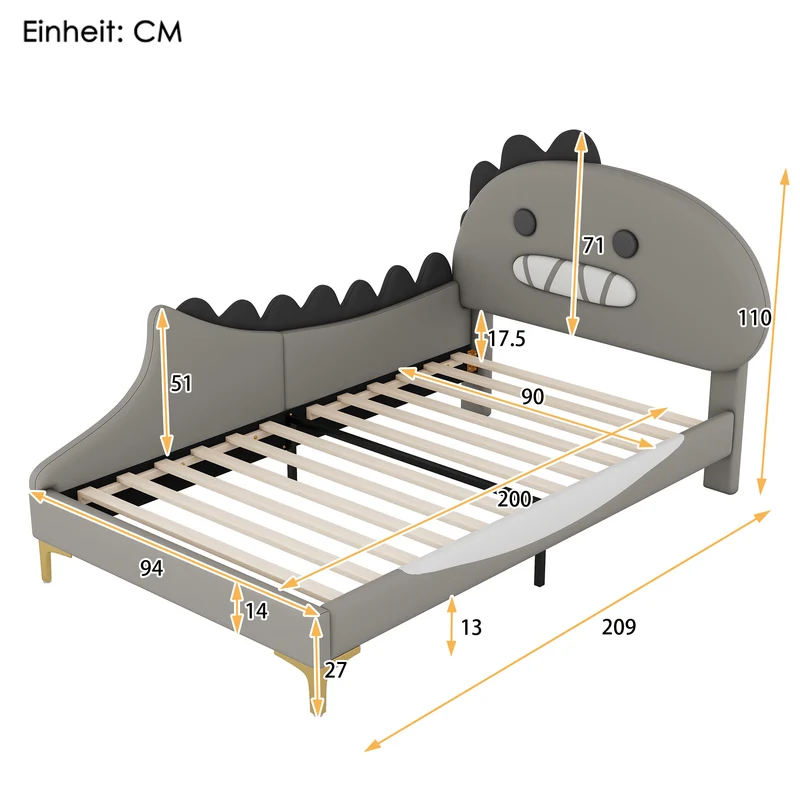 Lit enfant simple dinosaure PU gris 90x200cm INFINITEXYTE