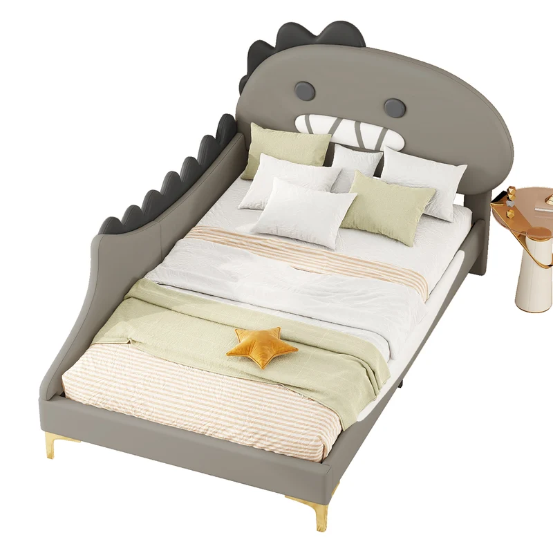 Lit enfant simple dinosaure PU gris 90x200cm INFINITEXYTE