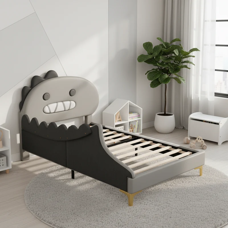 Lit enfant simple dinosaure PU gris 90x200cm INFINITEXYTE