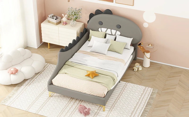 Lit enfant simple dinosaure PU gris 90x200cm INFINITEXYTE