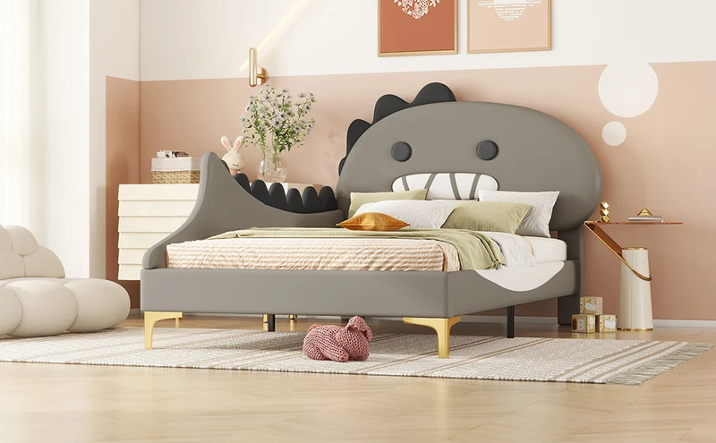 Lit enfant simple dinosaure PU gris 90x200cm INFINITEXYTE