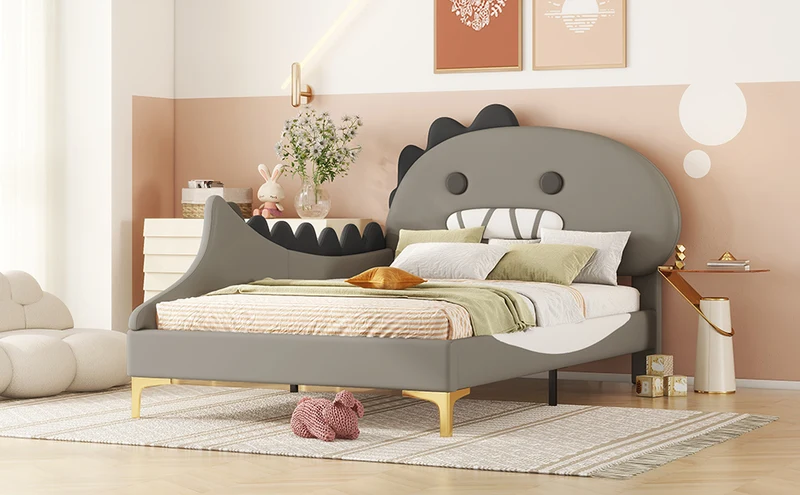 Lit enfant simple dinosaure PU gris 90x200cm INFINITEXYTE