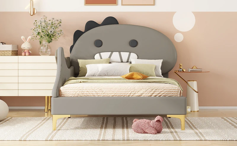 Lit enfant simple dinosaure PU gris 90x200cm INFINITEXYTE