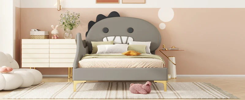 Lit enfant simple dinosaure PU gris 90x200cm INFINITEXYTE