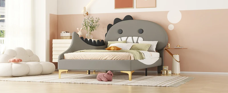 Lit enfant simple dinosaure PU gris 90x200cm INFINITEXYTE