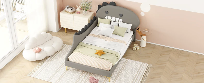 Lit enfant simple dinosaure PU gris 90x200cm INFINITEXYTE