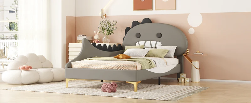 Lit enfant simple dinosaure PU gris 90x200cm INFINITEXYTE