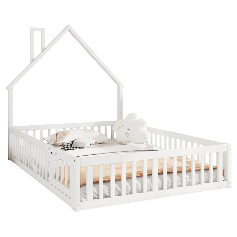 Lit enfant double au sol design maison cheminée avec sommier, pin blanc 140x190 cm MERIDIANVERTEX