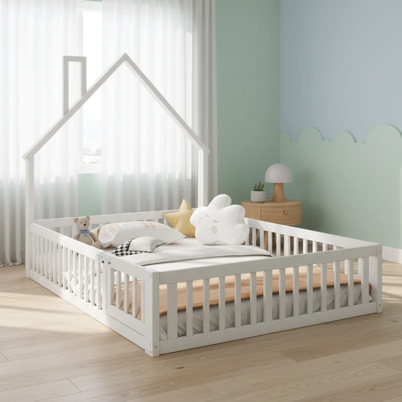 Lit enfant double au sol design maison cheminée avec sommier, pin blanc 140x190 cm MERIDIANVERTEX