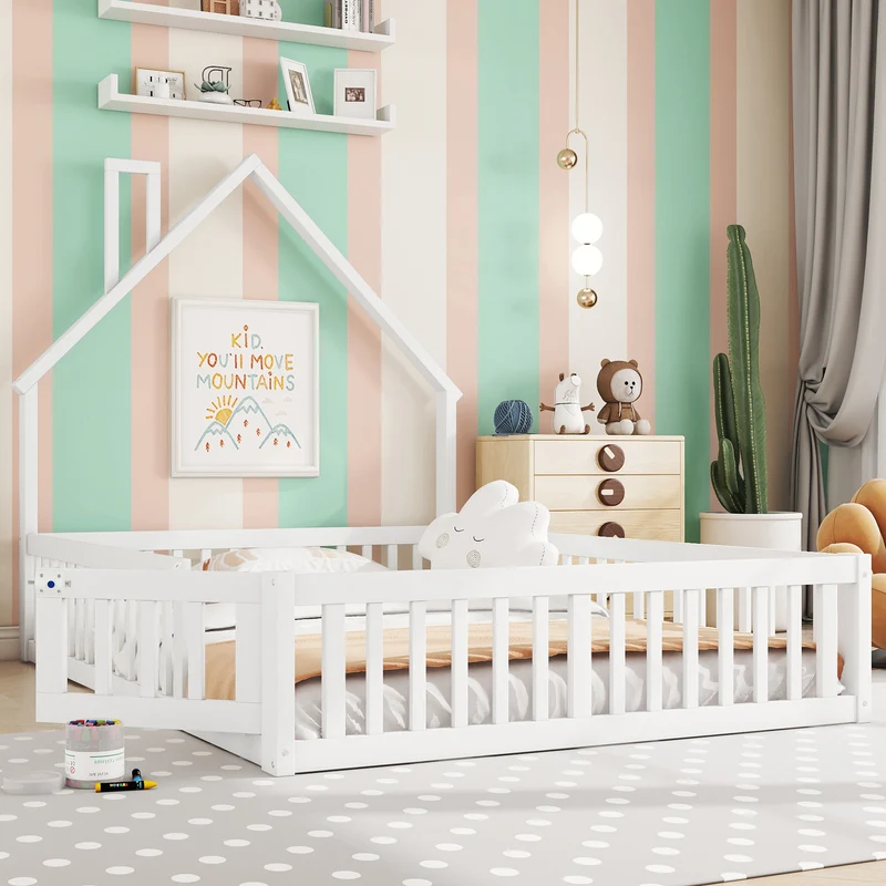 Lit enfant double au sol design maison cheminée avec sommier, pin blanc 140x190 cm MERIDIANVERTEX