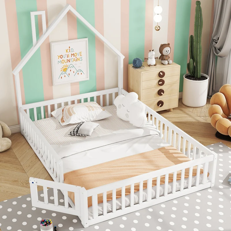 Lit enfant double au sol design maison cheminée avec sommier, pin blanc 140x190 cm MERIDIANVERTEX