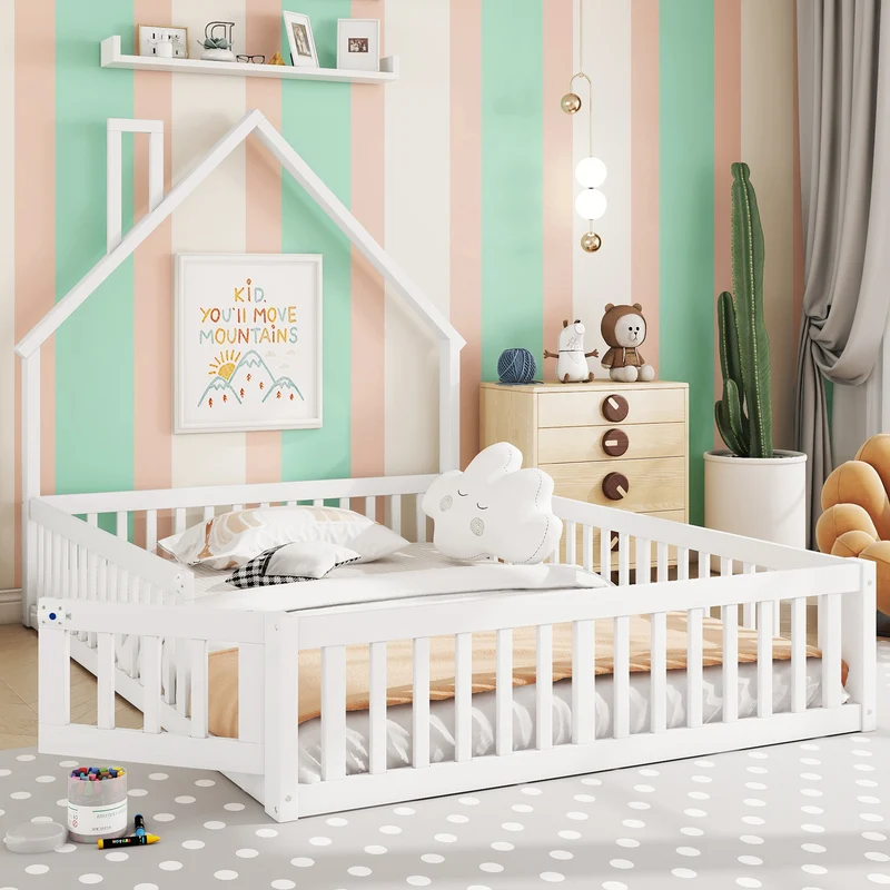 Lit enfant double au sol design maison cheminée avec sommier, pin blanc 140x190 cm MERIDIANVERTEX