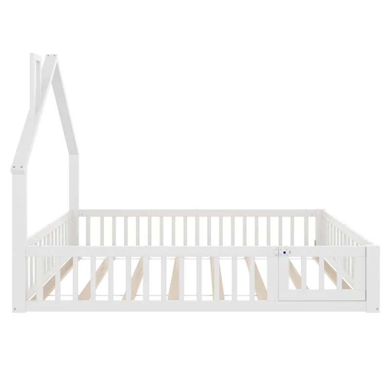 Lit enfant double au sol design maison cheminée avec sommier, pin blanc 140x190 cm MERIDIANVERTEX