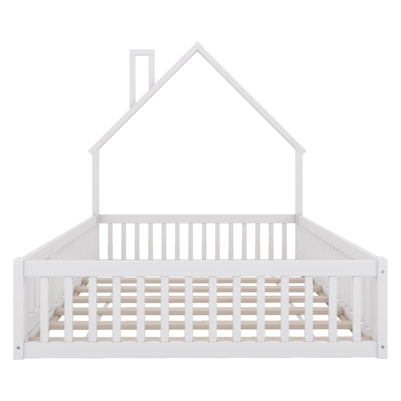 Lit enfant double au sol design maison cheminée avec sommier, pin blanc 140x190 cm MERIDIANVERTEX