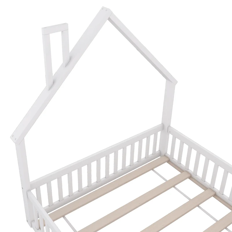 Lit enfant double au sol design maison cheminée avec sommier, pin blanc 140x190 cm MERIDIANVERTEX