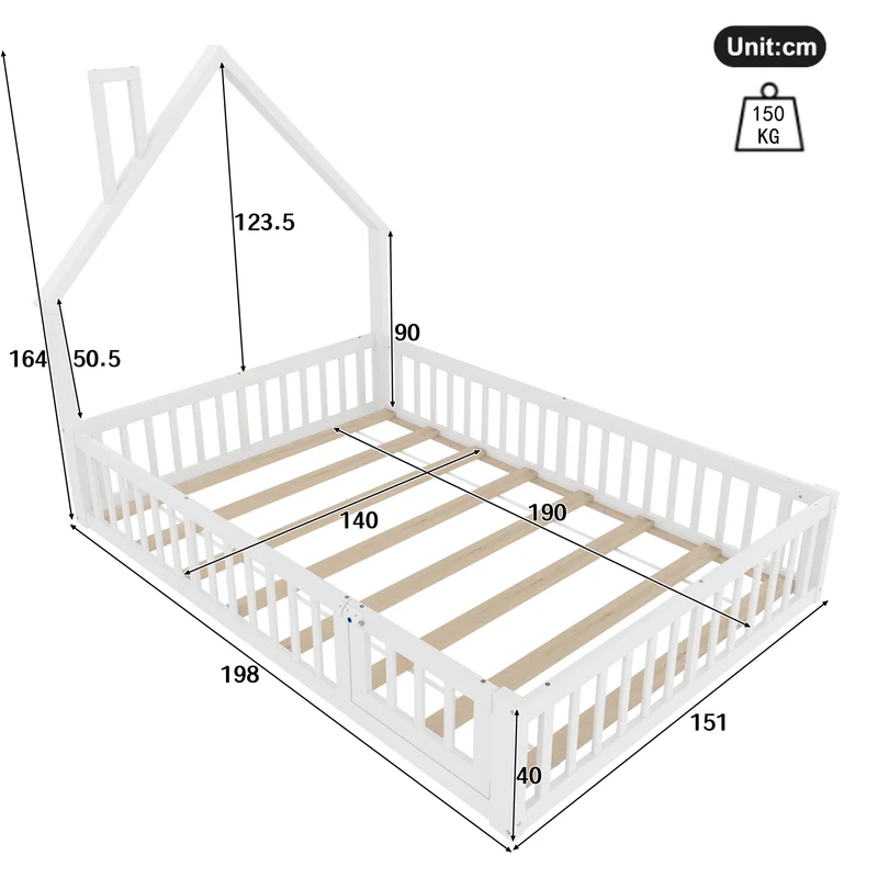 Lit enfant double au sol design maison cheminée avec sommier, pin blanc 140x190 cm MERIDIANVERTEX