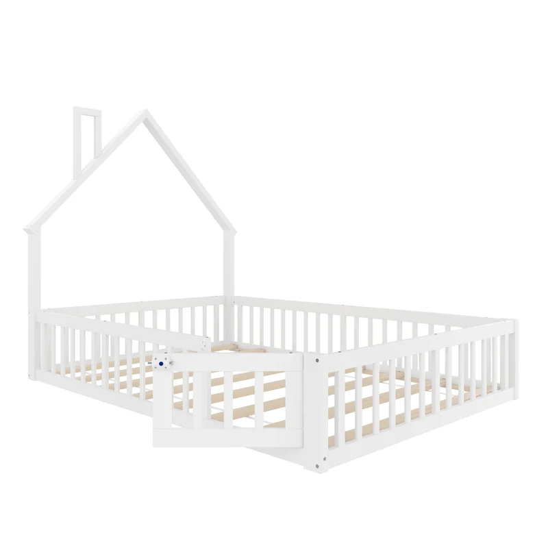 Lit enfant double au sol design maison cheminée avec sommier, pin blanc 140x190 cm MERIDIANVERTEX