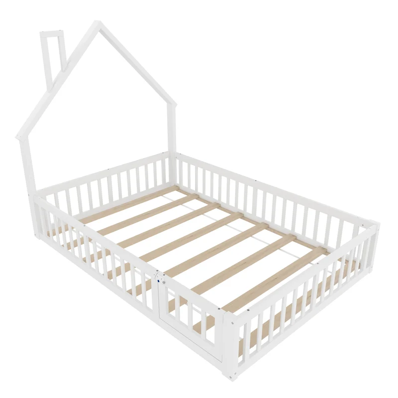 Lit enfant double au sol design maison cheminée avec sommier, pin blanc 140x190 cm MERIDIANVERTEX