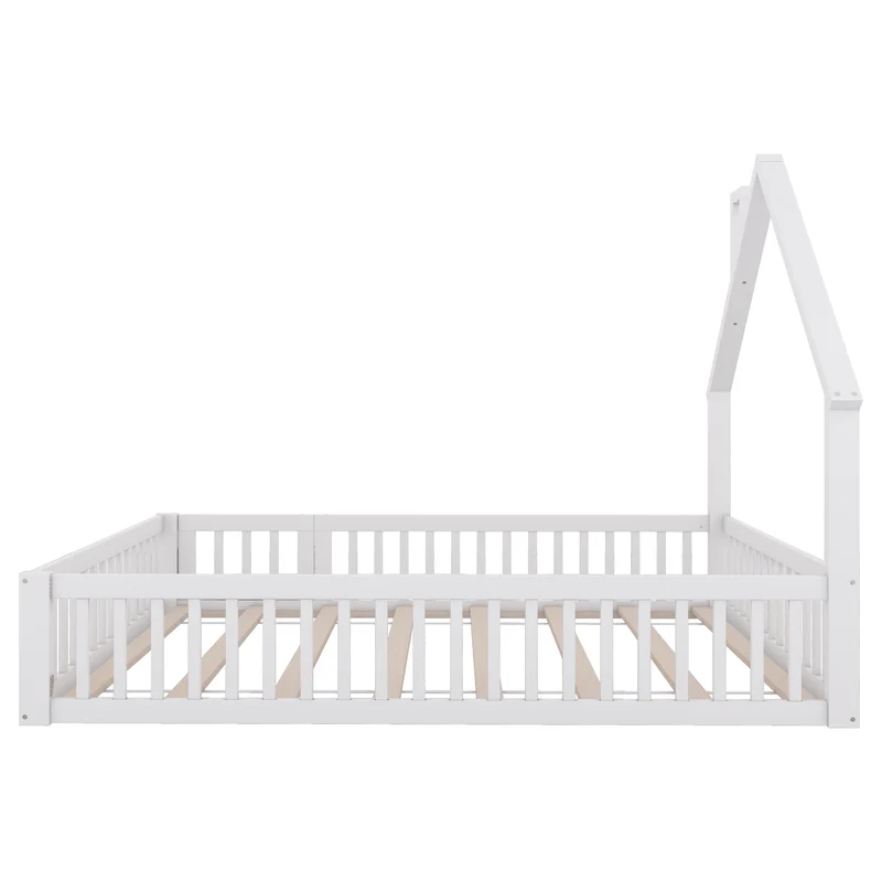 Lit enfant double au sol design maison cheminée avec sommier, pin blanc 140x190 cm MERIDIANVERTEX