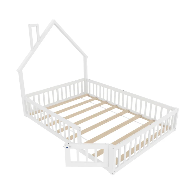 Lit enfant double au sol design maison cheminée avec sommier, pin blanc 140x190 cm MERIDIANVERTEX