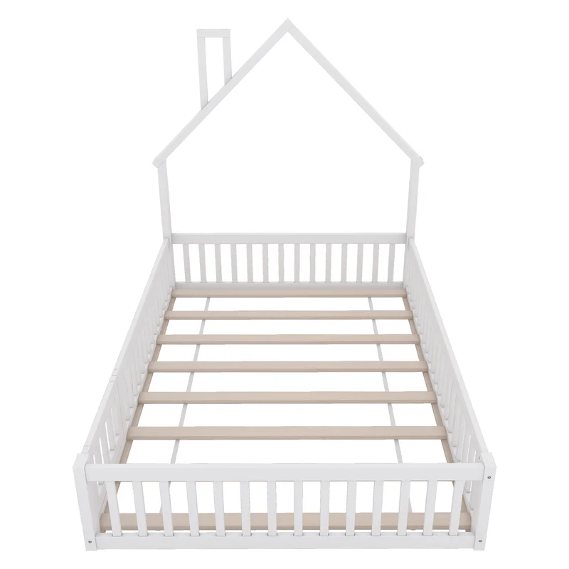 Lit enfant double au sol design maison cheminée avec sommier, pin blanc 140x190 cm MERIDIANVERTEX