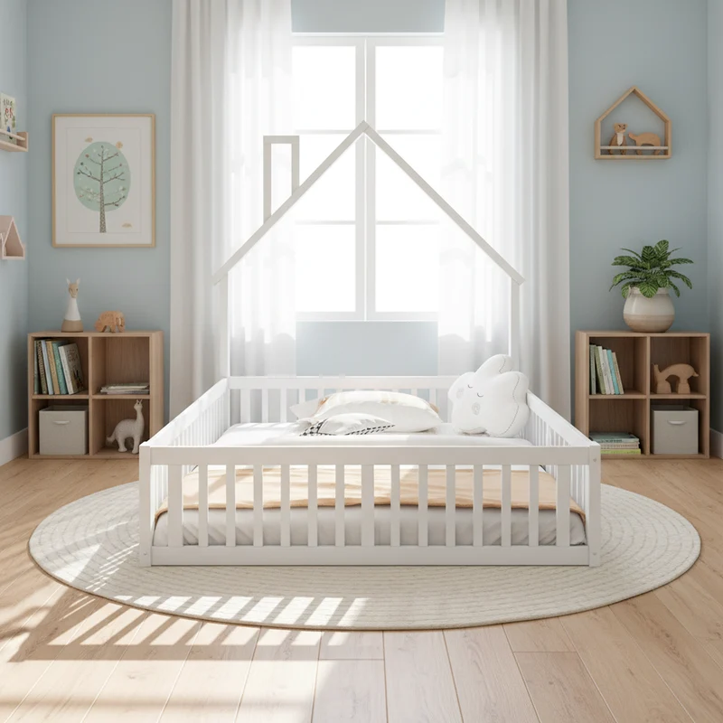 Lit enfant double au sol design maison cheminée avec sommier, pin blanc 140x190 cm MERIDIANVERTEX