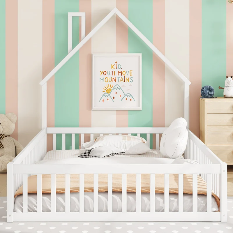 Lit enfant double au sol design maison cheminée avec sommier, pin blanc 140x190 cm MERIDIANVERTEX