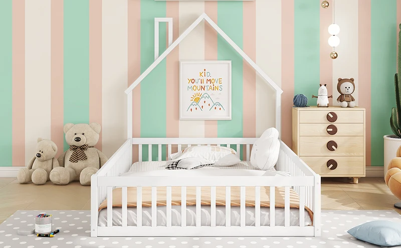 Lit enfant double au sol design maison cheminée avec sommier, pin blanc 140x190 cm MERIDIANVERTEX