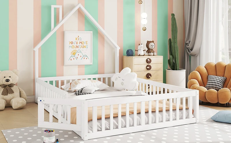 Lit enfant double au sol design maison cheminée avec sommier, pin blanc 140x190 cm MERIDIANVERTEX