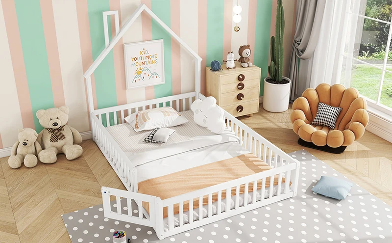 Lit enfant double au sol design maison cheminée avec sommier, pin blanc 140x190 cm MERIDIANVERTEX