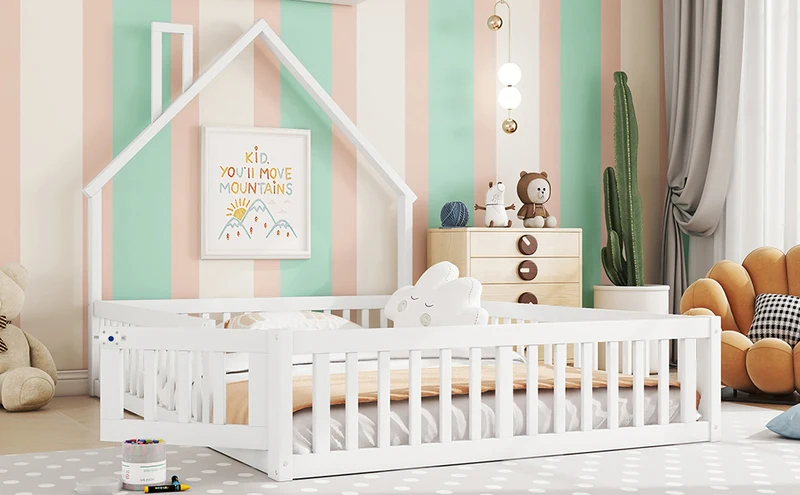 Lit enfant double au sol design maison cheminée avec sommier, pin blanc 140x190 cm MERIDIANVERTEX