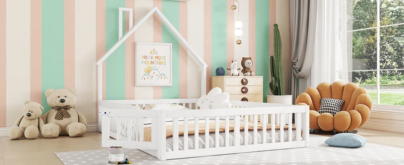 Lit enfant double au sol design maison cheminée avec sommier, pin blanc 140x190 cm MERIDIANVERTEX