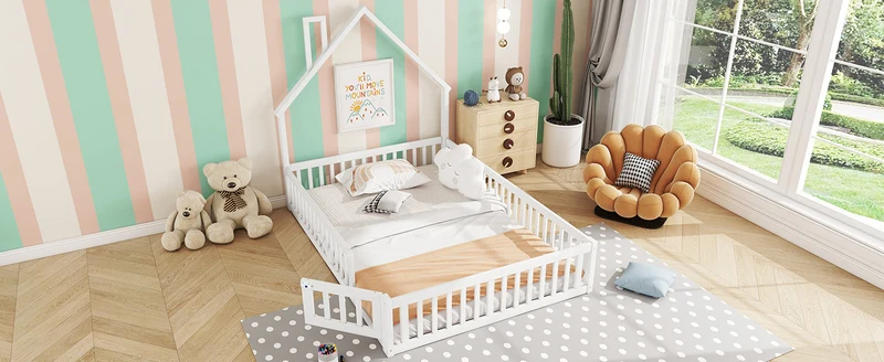 Lit enfant double au sol design maison cheminée avec sommier, pin blanc 140x190 cm MERIDIANVERTEX