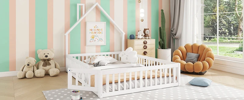 Lit enfant double au sol design maison cheminée avec sommier, pin blanc 140x190 cm MERIDIANVERTEX