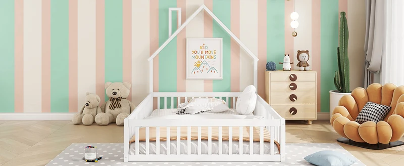 Lit enfant double au sol design maison cheminée avec sommier, pin blanc 140x190 cm MERIDIANVERTEX