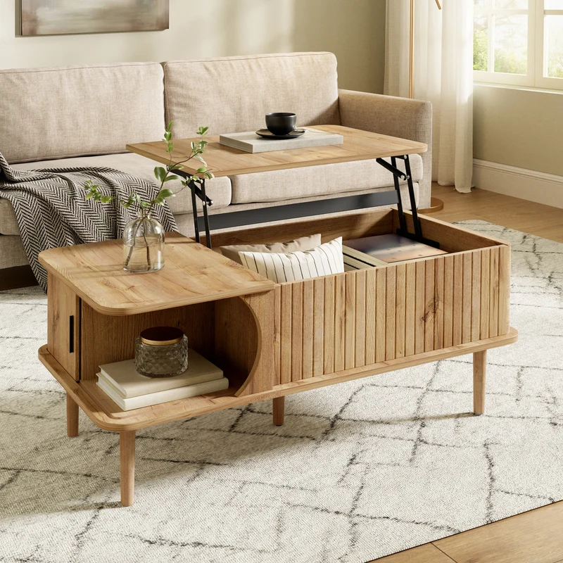 Table basse relevable effet bois, rétro, porte coulissante 100x48cm PILLOWDARK