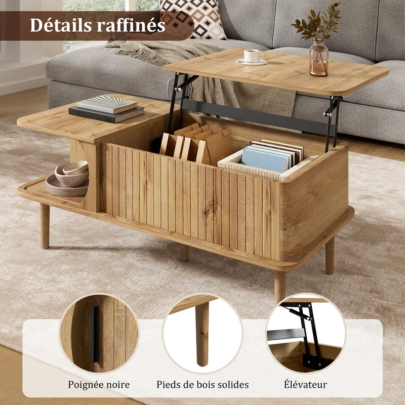 Table basse relevable effet bois, rétro, porte coulissante 100x48cm PILLOWDARK