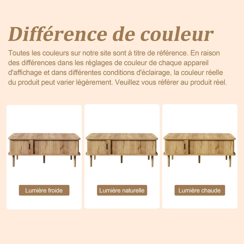 Table basse relevable effet bois, rétro, porte coulissante 100x48cm PILLOWDARK