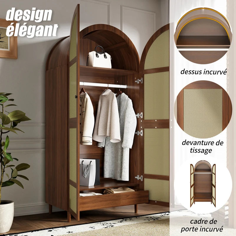 Armoire effet noyer avec portes arrondies et cannage en rotin PANELPURE
