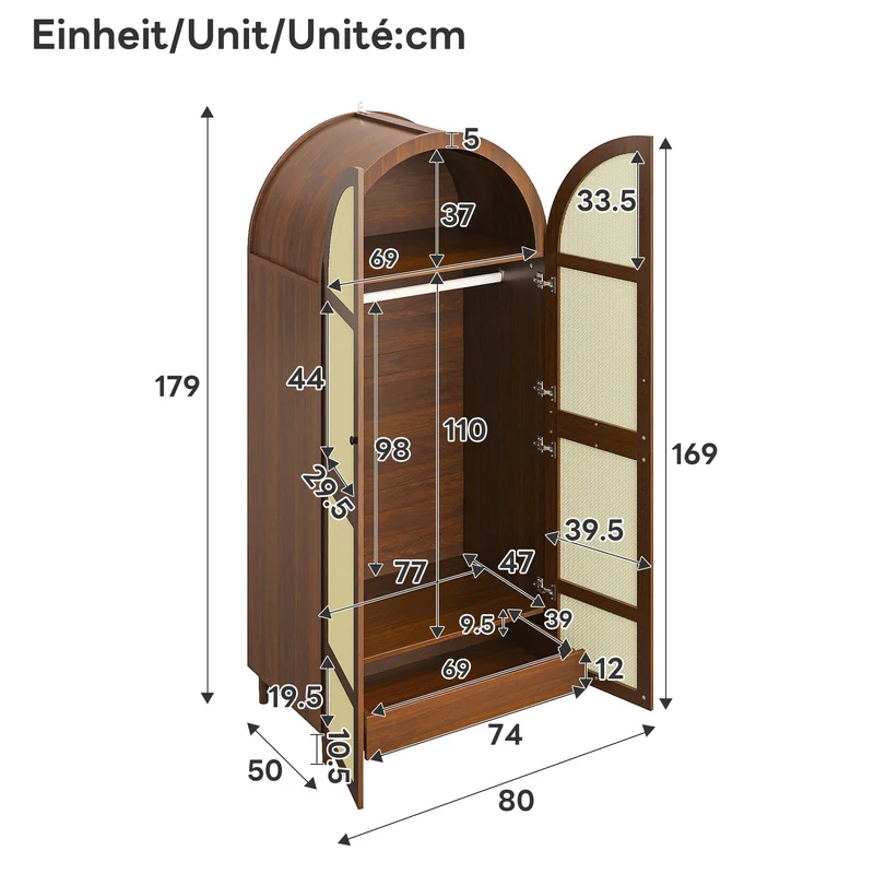 Armoire effet noyer avec portes arrondies et cannage en rotin PANELPURE