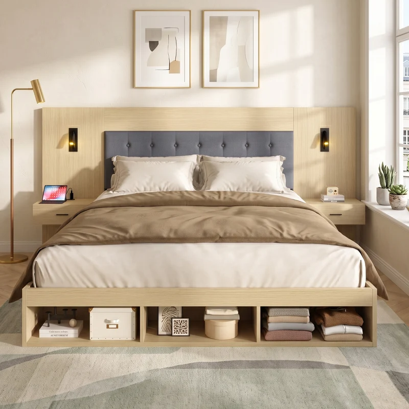 Lit king size effet chêne clair, avec lampes LED, USB-C et chevets 180x200 cm, sans matelas NIGHTSTANDAIR