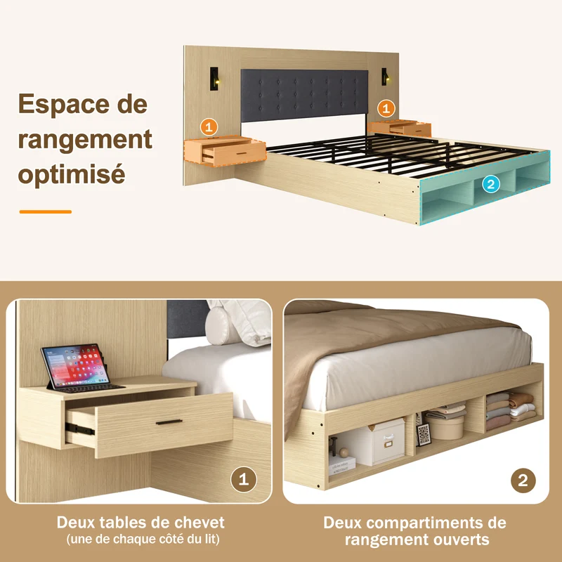 Lit king size effet chêne clair, avec lampes LED, USB-C et chevets 180x200 cm, sans matelas NIGHTSTANDAIR