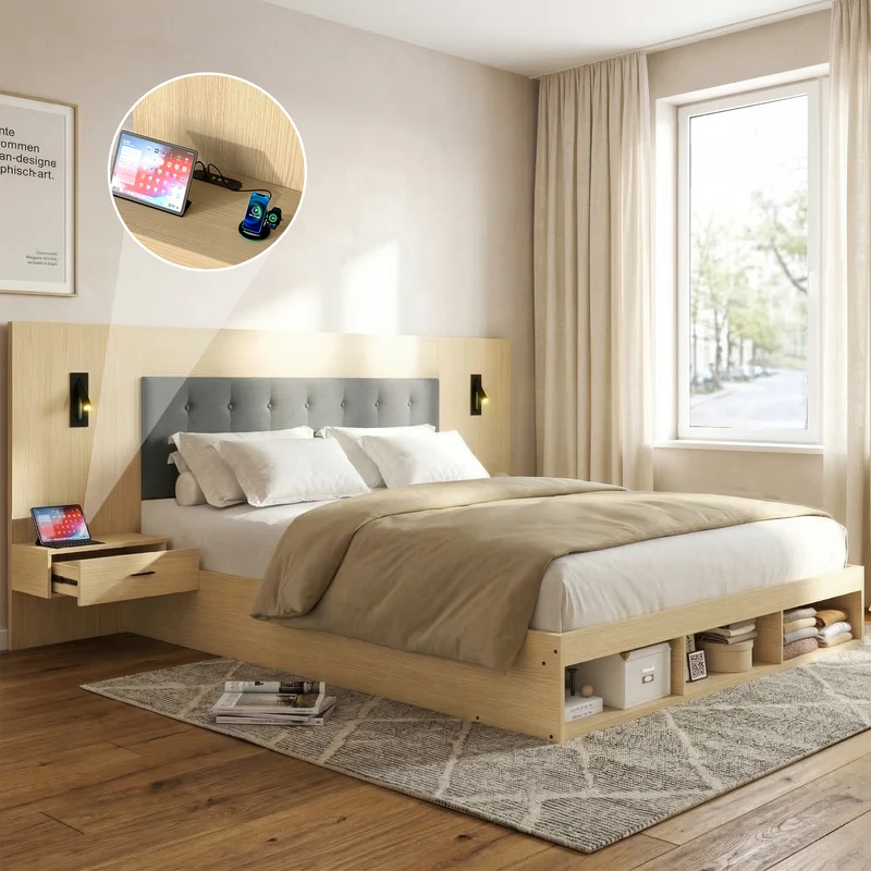 Lit king size effet chêne clair, avec lampes LED, USB-C et chevets 180x200 cm, sans matelas NIGHTSTANDAIR